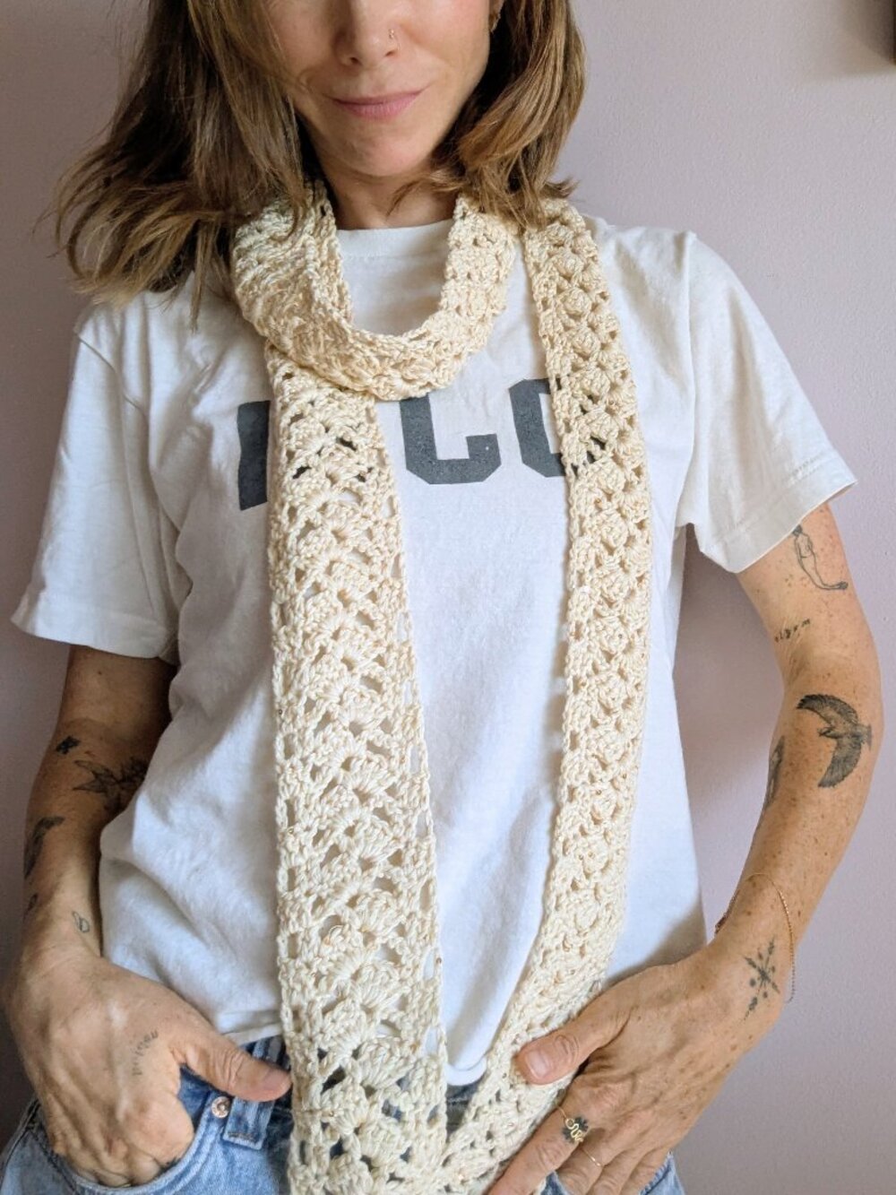 Handmade Crochet Lace Sequin Skinny Scarf Extra Long Linen Cream Gold